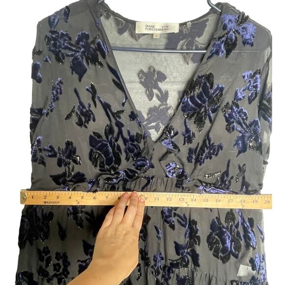 Diane Von Furstenberg M Adelita Velvet Burnout Shimmer Babydoll Dress Black Blue - Picture 9 of 15